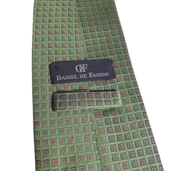 Daniel De Fasson Green Hand Made Silk Necktie Geometric Diamond Pattern Dad Gift - Picture 4 of 5